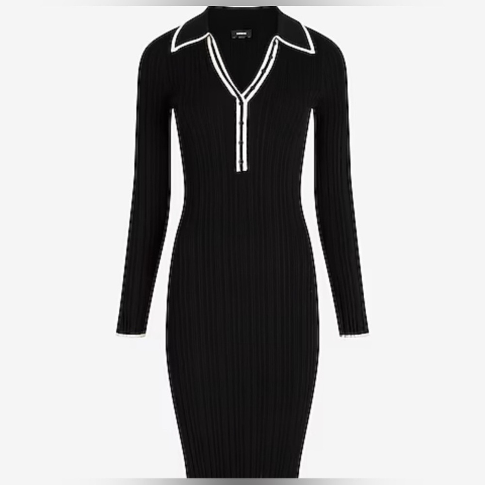 Express Ribbed Tipped V-Neck Midi Sweater Polo Dress